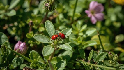 Close-up of red beetles mating on green leaves with blooming flowers in a garden environment