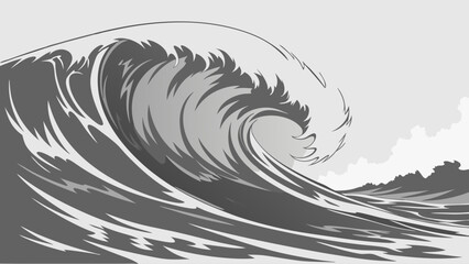 Dramatic Ocean Wave Crashing with Graceful Curves in Monochrome Tones