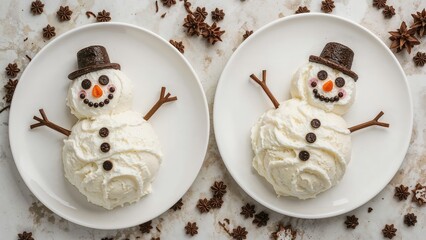 Detailed overhead image displaying two snowmen made of ice cream placed on white plates