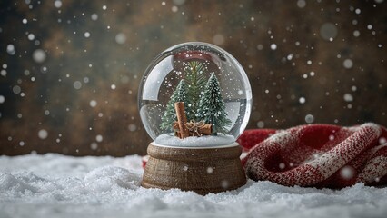 Winter snow globe with evergreen twigs, cinnamon, and a comfy scarf, dusted by light snowflakes against an aged background.