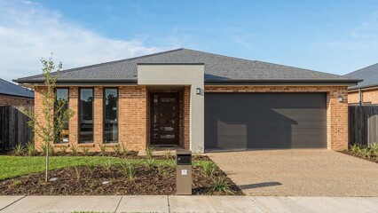Newly built house showcasing a double garage, manicured front yard, and an entryway mailbox