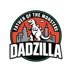 A roaring dinosaur dad dominates the city skyline in this fun parody logo titled “Dadzilla.” vector illustration.