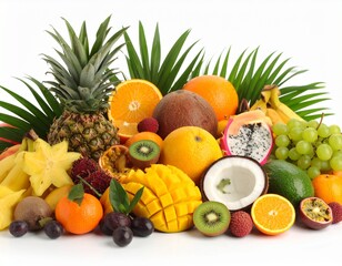 "Full HD, hyper-realistic photography of diverse tropical fruits. Clean white background, with a focus on colors that are both suitable and visually engaging. Rendered with a unique, almost painterly 