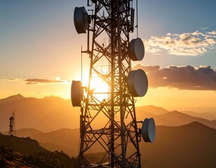 Telecommunication tower at sunset over mountains (1)
