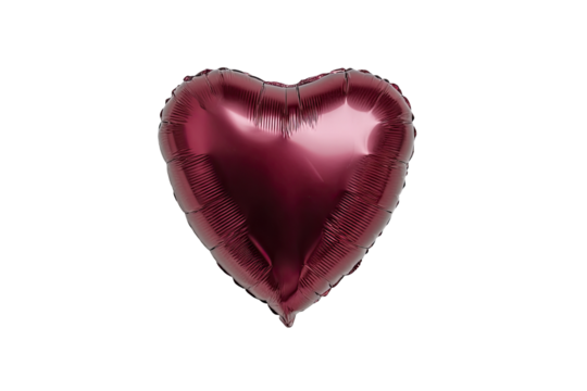 A deep burgundy heart-shaped foil balloon against a black background.  The balloon is smooth and shiny, with a slightly textured surface - Powered by Adobe