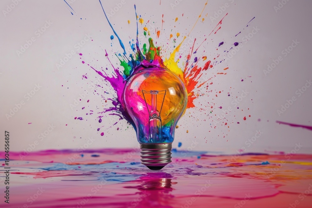 Poster light bulb explodes with colorful paint lightbulb innovation explosion.