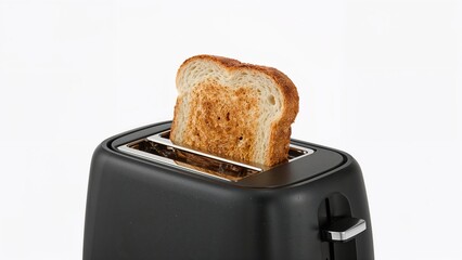 A slice of toasted white bread popping up from a toaster against a pale backdrop