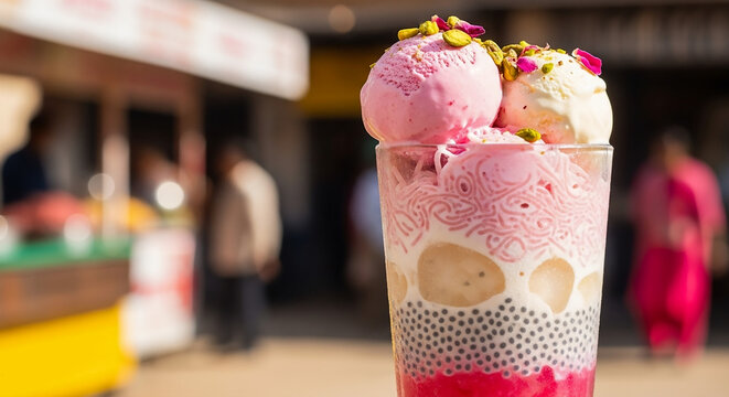 Close-up of falooda in tall glass, layers of ice cream, rose syrup and sabja seeds, Indian summer food market.449Z