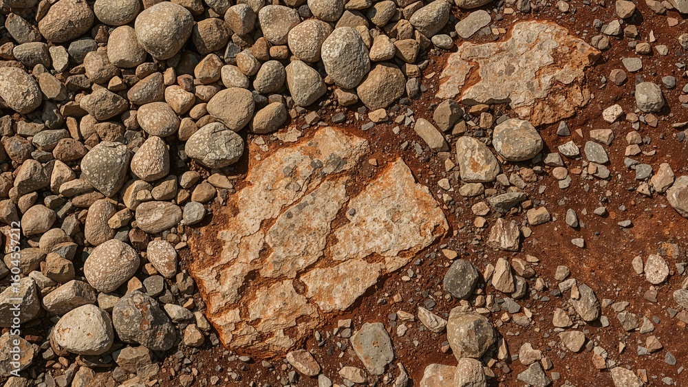 Poster rock composed of mixed rounded stones ranging from tiny pebbles to big boulders within compacted cla