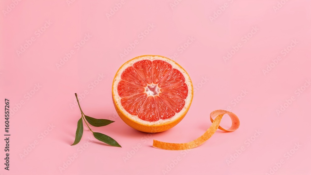 Poster a grapefruit segment with the rind partially taken off, positioned against a pink background. small 