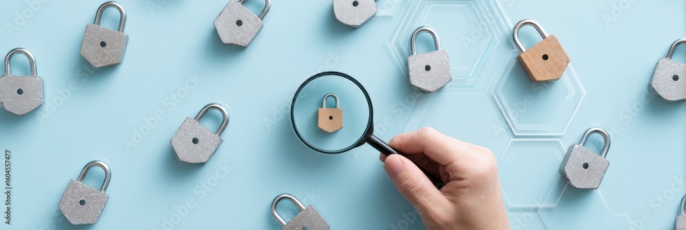 Poster professional vulnerability scan with magnifying glass identifying unlocked padlock on modern digital