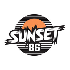 A vintage-style sunset with bold “86” lettering and striped background in retro surf colors. vector illustration.
