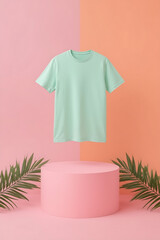 A mint green t-shirt in a minimalist pastel setting, surrounded by soft pink and peach orange, is paired with a two-tone pink pedestal and palm leaves.