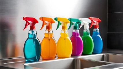 Vibrant Cleaning Product Bottles with Sprays and Splashes in Stainless Steel Sink 
