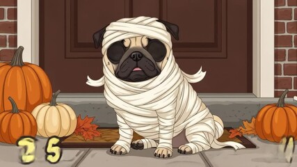 Adorable Mummy Pug on Porch for Halloween - A cute pug dog dressed in a mummy costume sits on a porch steps with pumpkins and autumn leaves.