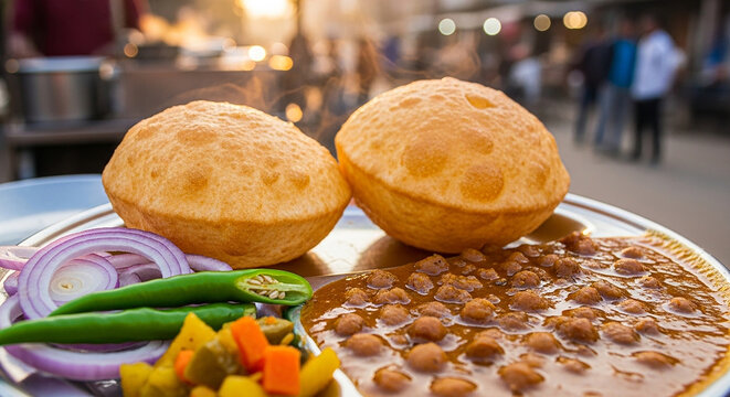 Indian chole bhature served hot with sliced onions, pickle and green chilli, Delhi street setting