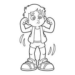 Cartoon boy flexing his muscles in black and white outline