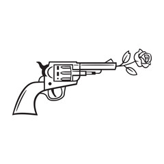 Black and white revolver shooting a blooming rose in elegant tattoo-style symbolism. vector illustration.