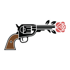 A cowboy revolver shoots a delicate rose, blending Western grit with soft symbolism. vector illustration.