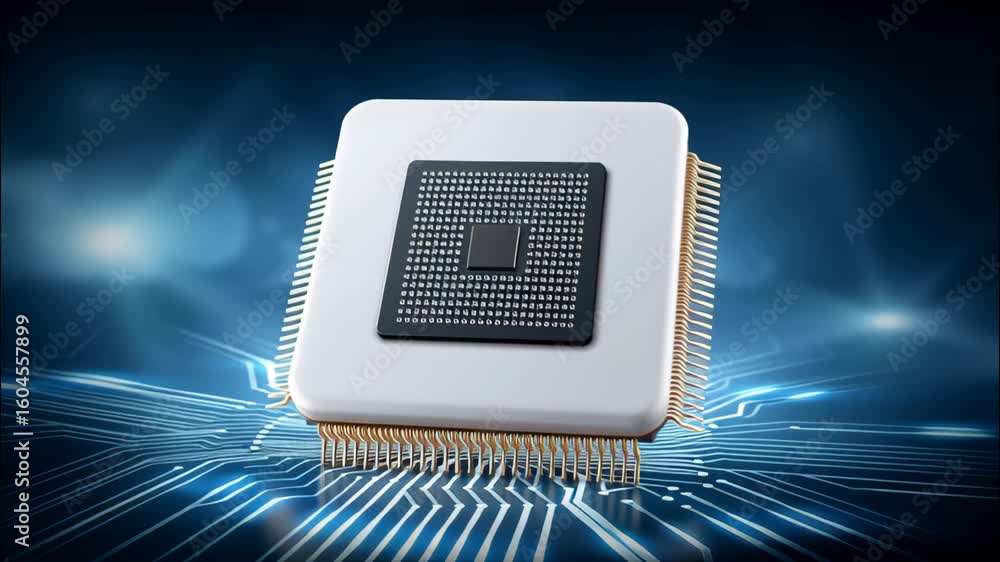 Poster microchip processor computer technology circuit electronic hardware digital close up with gold pins 