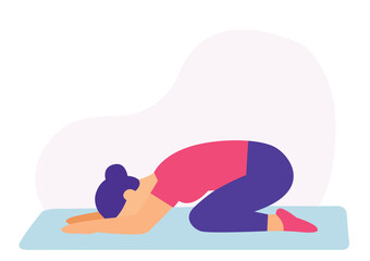 Woman in child pose flat yoga vector. Flat vector of yoga child’s position. Minimalist child pose yoga design.