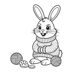 Cartoon rabbit wearing a sweater with yarn and buttons near