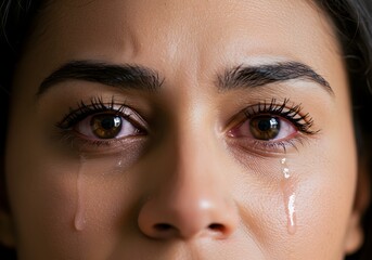Naklejka premium Emotional background with tearful woman softly exhaling in peace, eyes filled with relief under warm lighting
