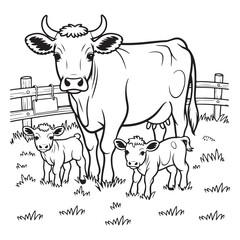 Cow with two calves in a field black and white illustration