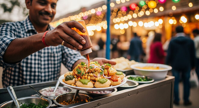 Vendor garnishing plate of sev puri with sweet chutney and fresh coriander, evening lights of the bazaar behind.953Z