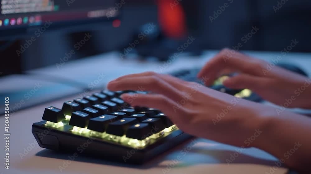 Poster typing on illuminated keyboard
