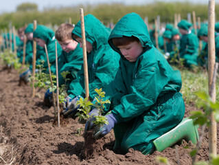 a group of people in green suits planting trees in a field with a sky background and a few trees
