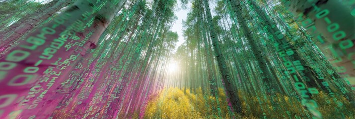 Modern Eco-Technology Digital Forest with Green Code Overlay Premium Authentic Corporate Sustainability and Innovation Content for Marketing Campaigns