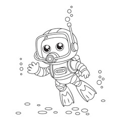 Cartoon diver in outline underwater with bubbles around him
