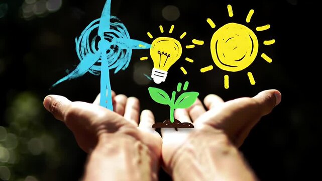 Hands Presenting Renewable Energy Icons including Lightbulb Plant Wind Turbine and Sun on Black Background Representing Sustainable Power