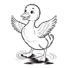Cartoon duckling flapping wings in black and white drawing