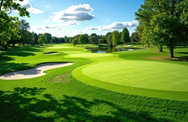 Woman playing golf on a lush green golf course with sand traps and water hazards under a bright blue sky