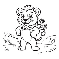 Cartoon lion wearing a scarf standing in a grassy field