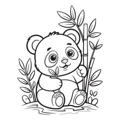 Cartoon panda sitting with bamboo shoots outline drawing