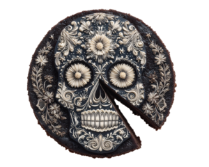 Intricately Designed Sugar Skull Cake with Floral Accents and Slice