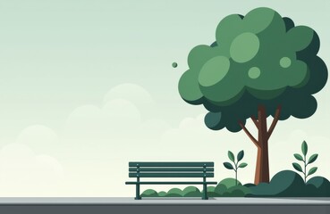 Obraz premium A simple illustration of a park scene with a bench, trees, and greenery