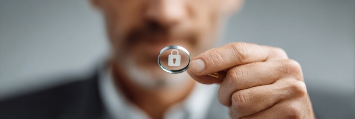 Professional Businessman Holding Magnifying Glass with Digital Padlock Icon for Modern Cybersecurity Awareness Campaigns and Network Vulnerability Marketing