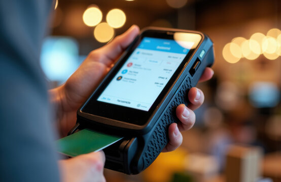 Person using a mobile payment device in a retail or restaurant setting