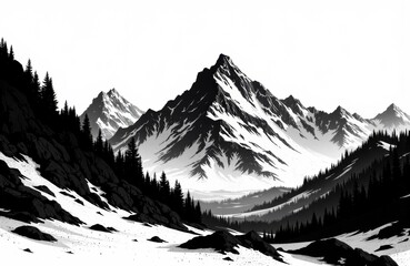 Majestic mountain range with snow-capped peaks and dense forest in black and white