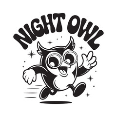 A happy cartoon owl runs joyfully under the night sky with the words “Night Owl” above. vector illustration.