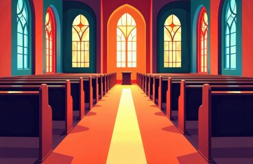 Obraz premium Sunlit church interior with colorful stained glass windows and wooden pews