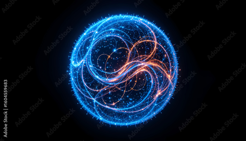 Poster glowing sphere with swirling lines and particles on a dark background abstract representation