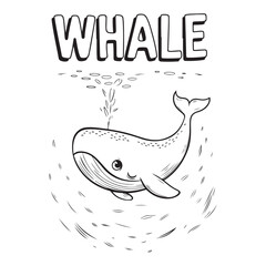 Cartoon whale illustration with water and whale text art
