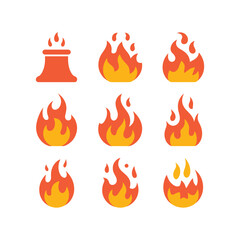 A sheet of expressive fire emojis including various flame sizes and a power plant icon. vector illustration.