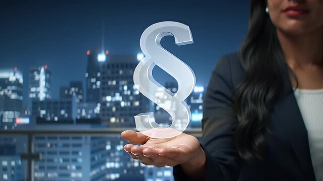 Professional Woman Presents Transparent Paragraph Symbol with Cityscape Background in Night Business Scene