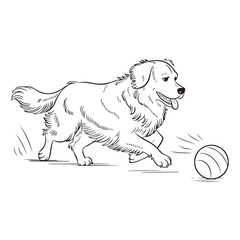Line art of a dog chasing a ball on a white background